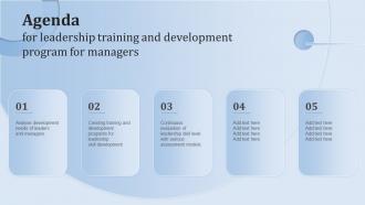 Agenda For Leadership Training And Development Program For Managers Ppt Icon Graphics