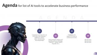 Agenda For List Of AI Tools To Accelerate Business Performance AI SS V
