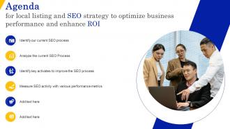 Agenda For Local Listing And SEO Strategy To Optimize Business Performance And Enhance ROI