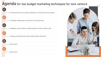 Agenda For Low Budget Marketing Techniques For New Venture Strategy SS V