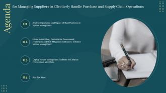 Agenda For Managing Suppliers To Effectively Handle Purchase And Supply Chain Operations
