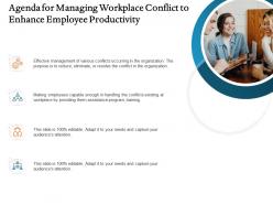 Agenda for managing workplace conflict to enhance employee productivity ppt template