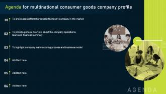 Agenda For Multinational Consumer Goods Company Profile Ppt Icon Design Templates