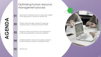Agenda For Optimizing Human Resource Management Process Ppt Diagram Graph Charts
