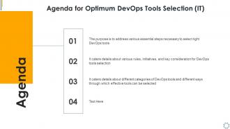 Agenda for optimum devops tools selection it ppt icon slide portrait