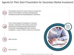 Agenda for pitch deck presentation for secondary market investment ppt image