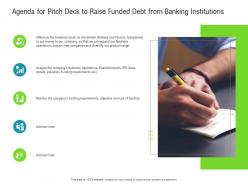 Agenda for pitch deck to raise funded debt from banking institutions ppt templates