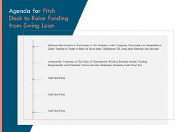 Agenda for pitch deck to raise funding from swing loan ppt powerpoint presentation icon templates