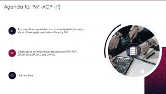 Agenda For PMI ACP IT Ppt Slides Background Image