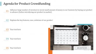 Agenda for product crowdfunding pitch deck to raise funding from product crowdfunding