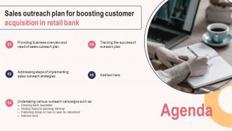 Agenda For Sales Outreach Plan For Boosting Customer Acquisition In Retail Bank Strategy SS