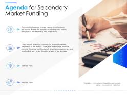 Agenda for secondary market funding equity secondaries pitch deck ppt mockup