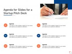 Agenda for slides for a startup pitch deck ppt portfolio icons