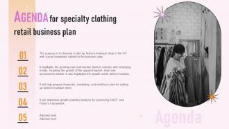 Agenda For Specialty Clothing Retail Business Plan Ppt Infographics BP SS