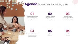 Agenda For Staff Induction Training Guide Ppt Powerpoint Presentation File Aids