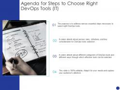 Agenda for steps to choose right devops tools it ppt inspiration