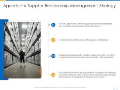 Agenda for supplier relationship management strategy supplier strategy ppt slides portrait