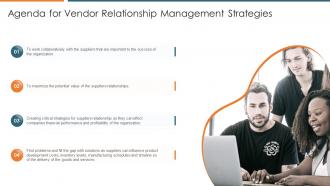 Agenda for vendor relationship management strategies ppt tips slide icons