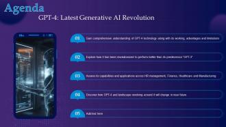 Agenda Gpt 4 Latest Generative Ai Revolution Ppt Slides Background Images ChatGPT SS