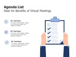 Agenda list slide for benefits of virtual meetings infographic template