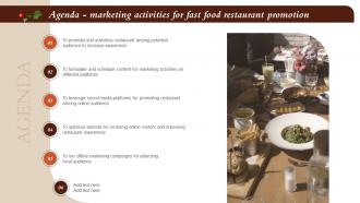 Agenda Marketing Activities For Fast Food Restaurant Promotion Ppt Background