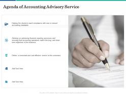 Agenda of accounting advisory service processes ppt powerpoint presentation gallery show