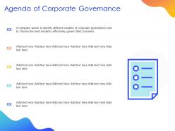 Agenda of corporate governance ppt powerpoint presentation styles professional