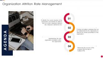 Agenda Organization Attrition Rate Management Ppt Topics Slide