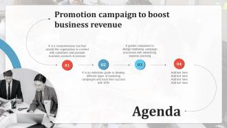 Agenda Promotion Campaign To Boost Business Revenue Ppt Demonstration