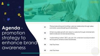 Agenda Promotion Strategy To Enhance Brand Awareness Ppt Slides Background Images