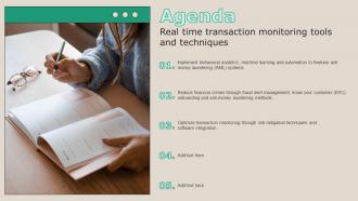 Agenda Real Time Transaction Monitoring Tools And Techniques Ppt Show Ideas