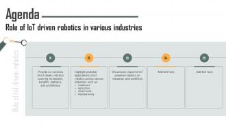 Agenda Role Of IoT Driven Robotics In Various Industries IoT SS