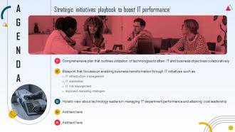 Agenda Strategic Initiatives Playbook To Boost IT Performance Ppt Icon Design Templates