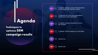 Agenda Techniques To Optimize SEM Campaign Results Ppt Icon Example Introduction