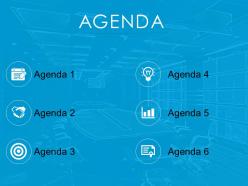 Agenda template design with icons and light image background powerpoint slide