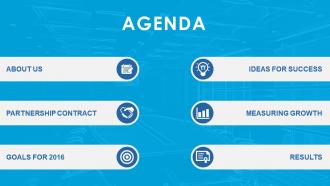 Agenda template design with icons image background powerpoint slide