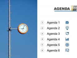 Agenda template slide with clock and books on top powerpoint slide