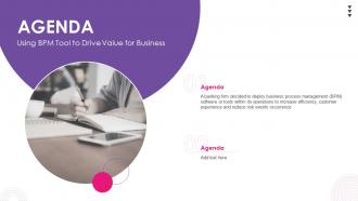 Agenda Using Bpm Tool To Drive Value For Business Ppt Slides Background Images
