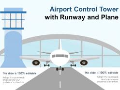 Airport control tower with runway and plane