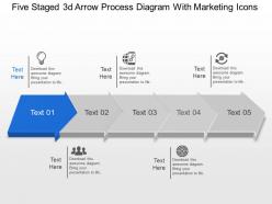Aj five staged 3d arrow process diagram with marketing icons powerpoint template