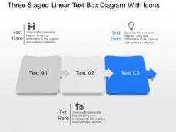 Aj three staged linear text box diagram with icons powerpoint template slide