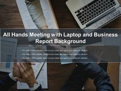 All hands meeting with laptop and business report background