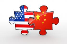 America and china flag as puzzles for stock photo