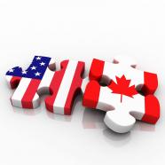 American and canadian flag design puzzle stock photo