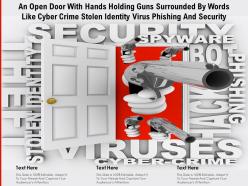 An open door with hands holding guns surrounded by words like cyber crime stolen identity virus phishing security