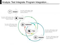 Analyze test integrate program integration diagonal flow with arrows and icons