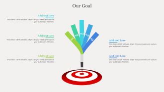 A slide titled Our Goal with five colored bars labeled 01 to 05, pointing towards a target
