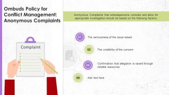 Anonymous Complaints Under Ombuds Policy For Conflict Management Training Ppt
