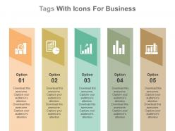 app Five Staged Tags With Icons For Business Result Analysis Flat Powerpoint Design