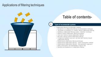Applications Of Filtering Techniques For Table Of Contents Ppt Icon Example Topics